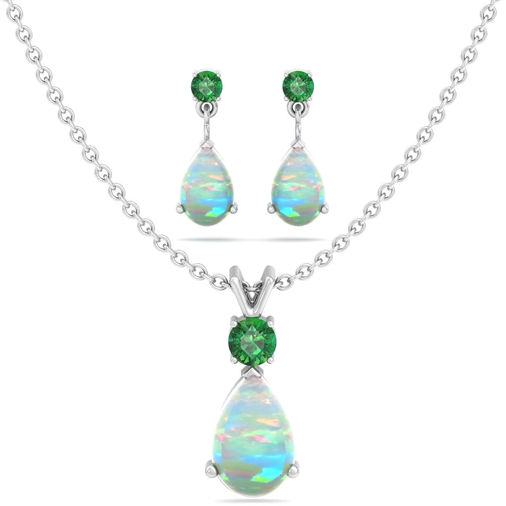 Jewelry Set for Women, Natural Pear Shaped 7X5Mm Emerald and 3Mm Natural White Topaz Pendant Necklace and Matching Pear Shaped Emerald and White Topaz Stud Earrings