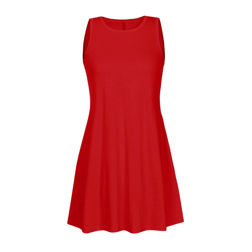 Fesfesfes Summer Dresses for Women round Neck Casual Mini Dress Solid Color Sleeveless Tank Dress Loose above Knee Sun Dress Summer Sale